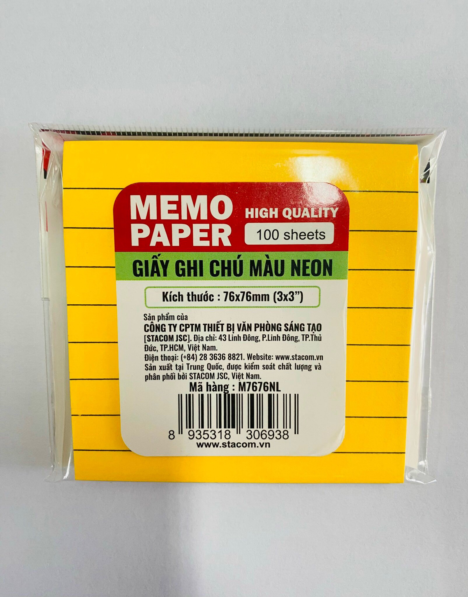 Giấy note màu Neon kẻ ngang size 76x76/75x127mm Stacom M7676NL