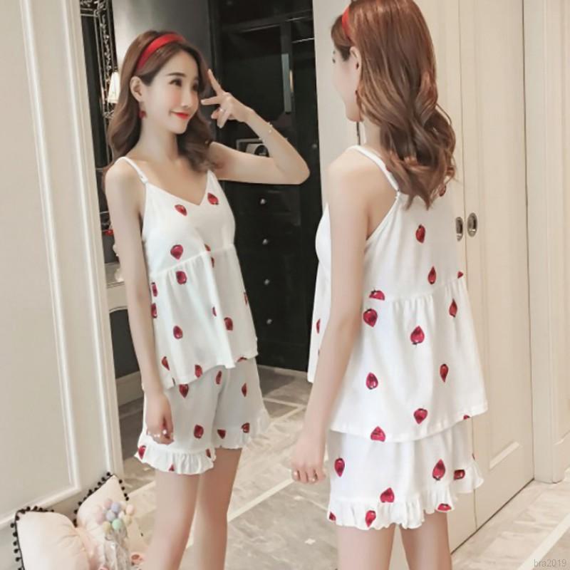 Bộ đồ ngủ áo dây cổ chữ V hinh dâu tây + quần short cho nữ