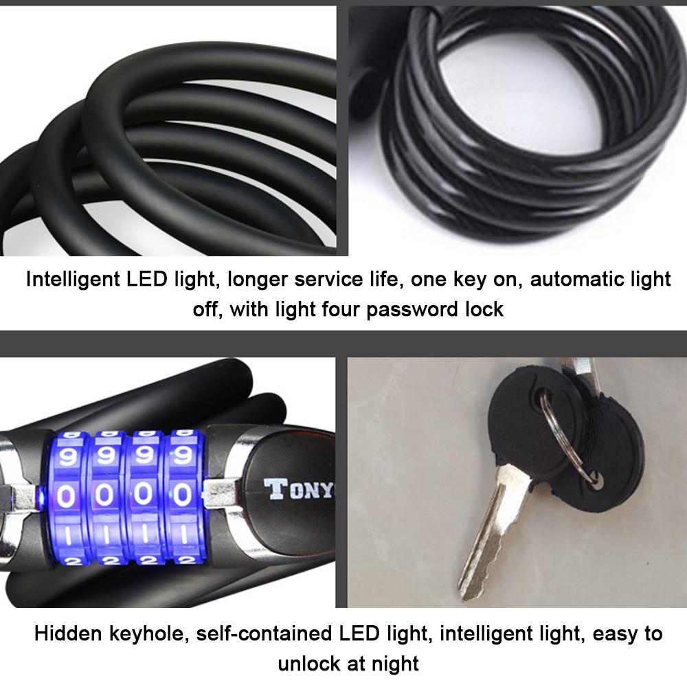 Khóa dây xe đạp TONYON mật khẩu 4 số có đèn led dây khóa bằng thép cứng cáp