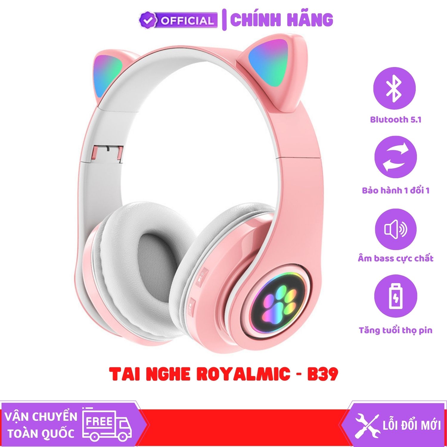 Tai Nghe Bluetooth Chụp Tai ROYALMIC B39 HF21 BOSS SKY ,Nhìn Rễ Thương, Bass Mạnh, Âm Thanh Hifi 6D ,Có Hỗ Trợ Thẻ Nhớ,Mẫu Mới Hàng Cực Xịn ( Mầu ngẫu nhiên ) - Hàng Chính Hãng