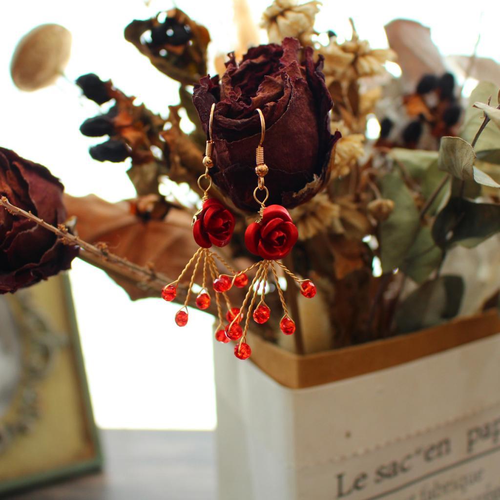 Bridal Crown Headband Tiara Fashion Red Rose Earrings Set Headpiece Jewelry Set