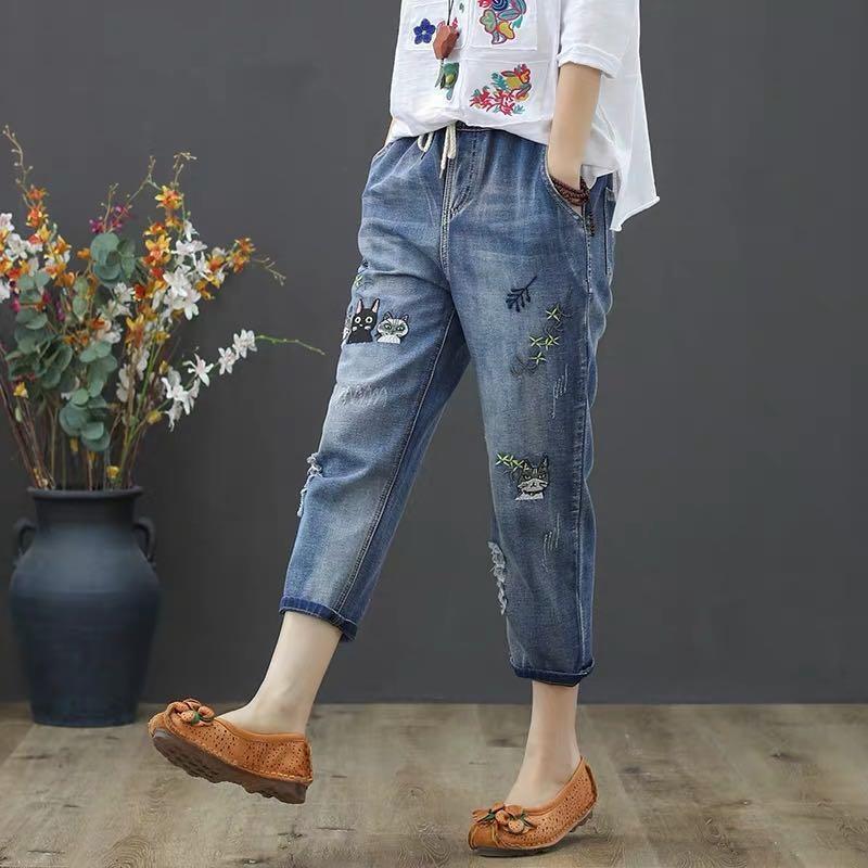 Quần Jeans Lửng Lưng Cao Co Giãn Thêu Họa Tiết Thời Trang Mùa Hè Cho Nữ