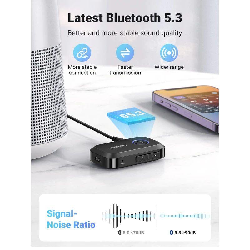 Ugreen UG90748CM596TK pin 15 tiếng xa 15M jack cắm Audio AUX 3.5mm Thiết bị nhận Bluetooth 5.3 hỗ trợ Kết nối cùng lúc 2 điện thoại - HÀNG CHÍNH HÃNG