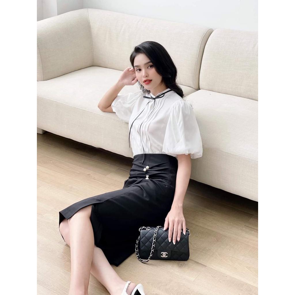 Sét chân váy + áo sơ mi tay phồng công sở
