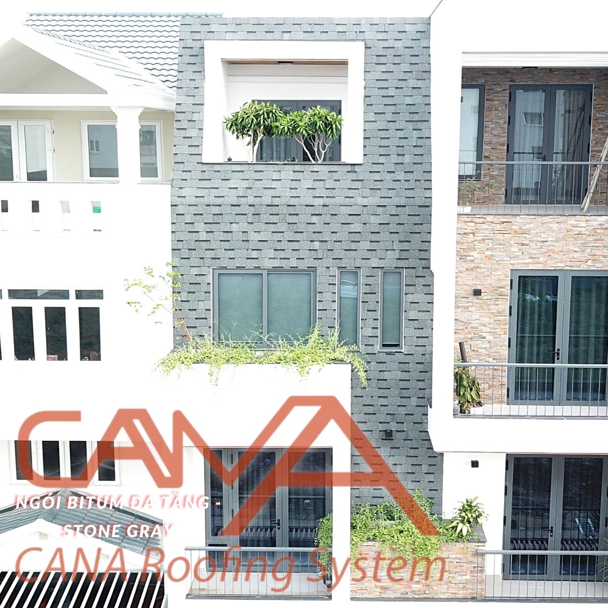 Tấm lợp nhựa đường CANA đa tầng Stone Gray - ngói lợp nhựa đường 2 lớp phủ đá Hàn Quốc cho biệt thự, nhà gỗ, nhà tiền chế đóng gói 14 tấm/2.54m2/gói