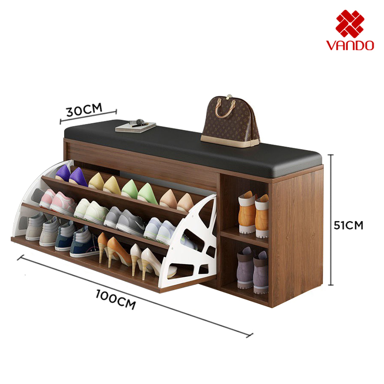Tủ Giày Gỗ MDF Chống Ẩm Cánh Lật Siêu Gọn 3 Ngăn Có Hộc Và Đệm Da Ngồi Sang Trọng VANDO