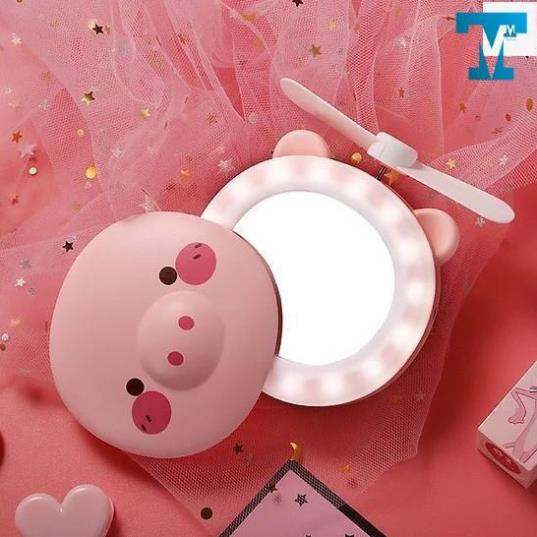 QUẠT TÍCH ĐIÊN MINI 3IN1 hình con heo | Quạt cầm tay đèn led gương