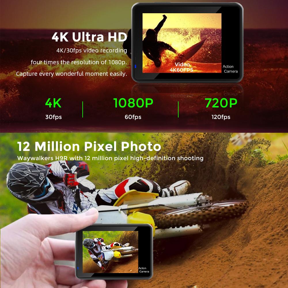 Camera hành động mới Pro Ultra HD 4K 30fps 2inch LCD Hiển thị mũ bảo hiểm chống nước GO DV Video Ghi máy camera Sport Cam