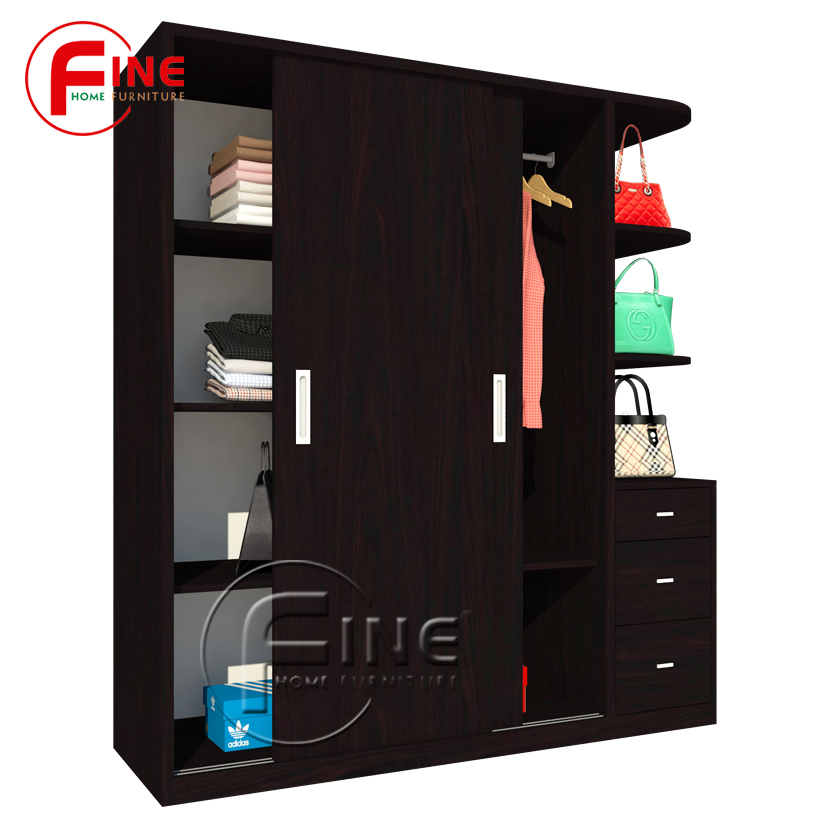 Tủ Quần Áo 2 Cánh Cửa Lùa và 3 hộc kéo và kệ trưng bày hiện đại sang trọng FINE FT198T Kích thước 1m6