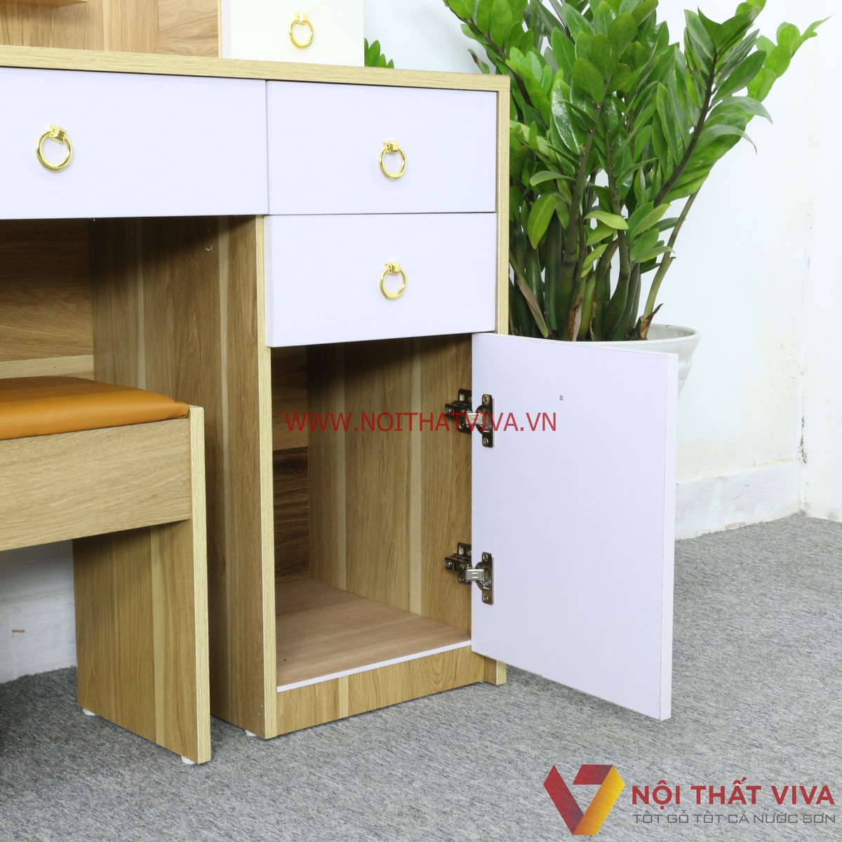 Bàn Trang Điểm Thông Minh Gương Tròn Cảm Ứng Màu Vàng Phối Trắng Đẹp