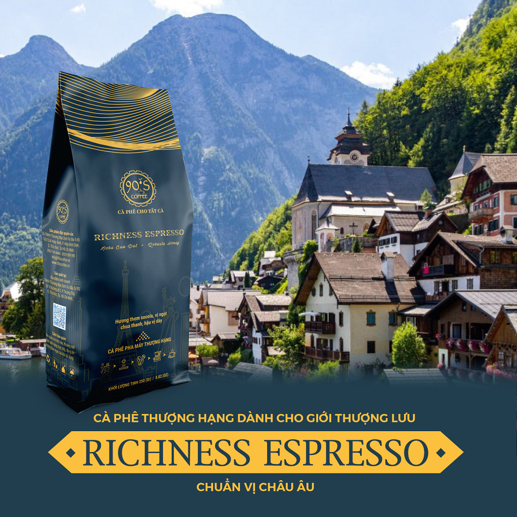 Cà Phê Bột Rang Xay Thượng Hạng | RICHNESS ESPRESSO | 90S Coffee | Gu Café Chuẩn Vị Châu Âu Dành Riêng Cho Giới Thượng Lưu & Quý Tộc | Cà Phê Pha Máy Cao Cấp