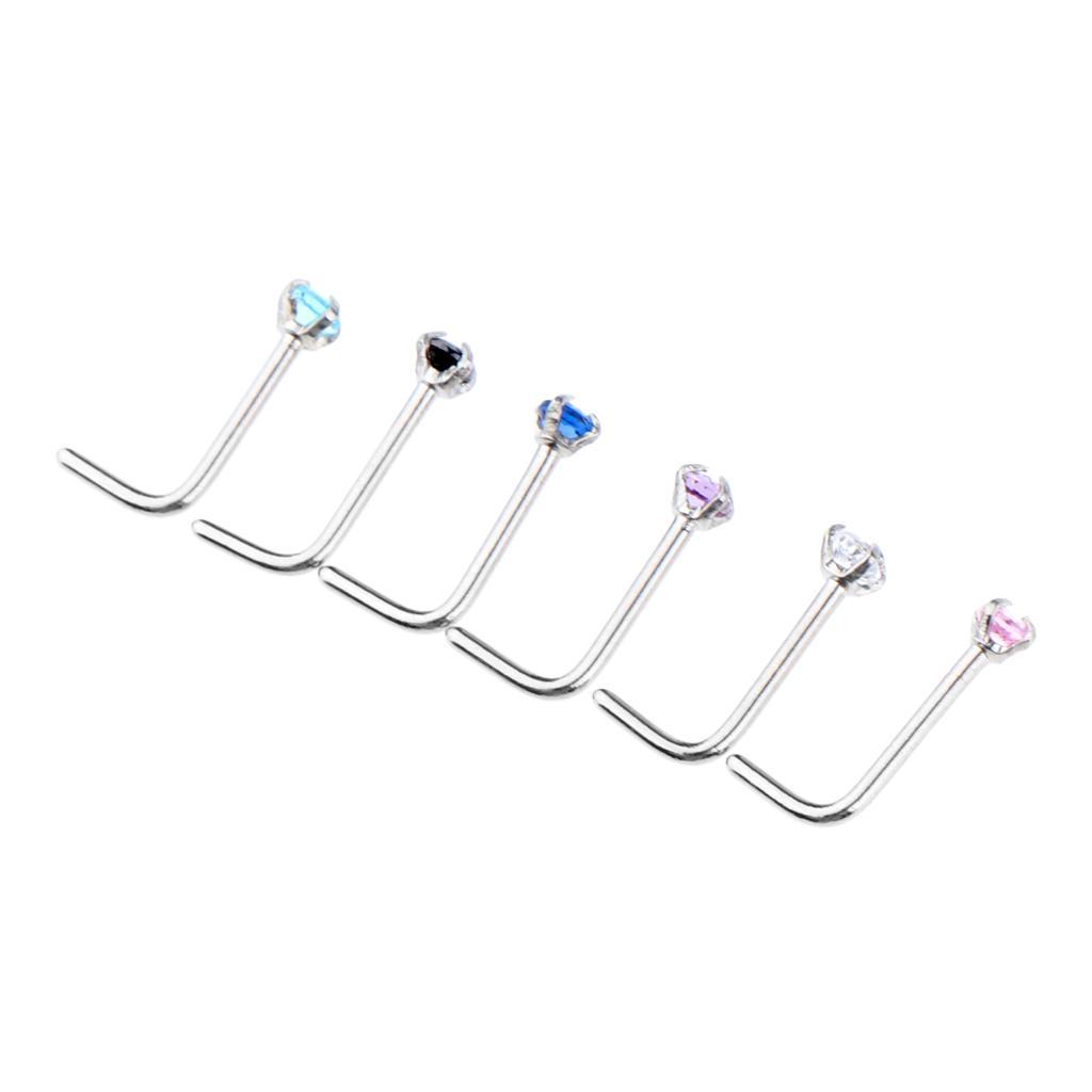 2-7pack 6 Pieces Stainless Steel L Shaped Nose Stud Rings Bar Body Piercing 20g