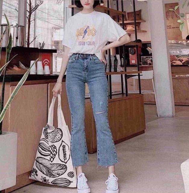 Quần jeans loe lửng cạp cao giãn mềm