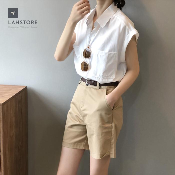 Áo sơ mi thô Linen nữ form rộng cổ bẻ 2 túi ngực trẻ trung LAHSTORE, phong cách Hàn Quốc