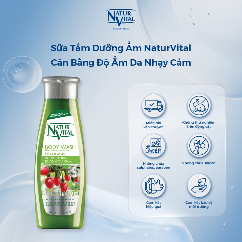 Sữa Tắm Dưỡng Ẩm NaturVital Sensitive Shower Gel Chiết Xuất Goji & Hạt Lanh Phù Hợp Cho Da Nhạy Cảm, Giúp Bảo Vệ, Cân Bằng Độ Ẩm Tự Nhiên