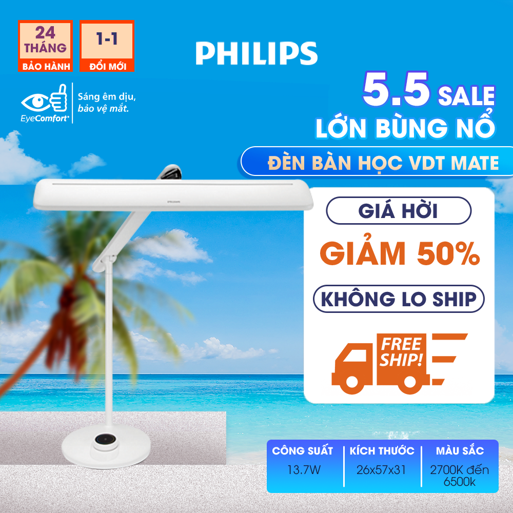 Đèn bàn Philips LED VDTMate DSK501 13.7W - điều chỉnh màu ánh sáng 2700K-6500K, bảo vệ mắt, chống cận thị