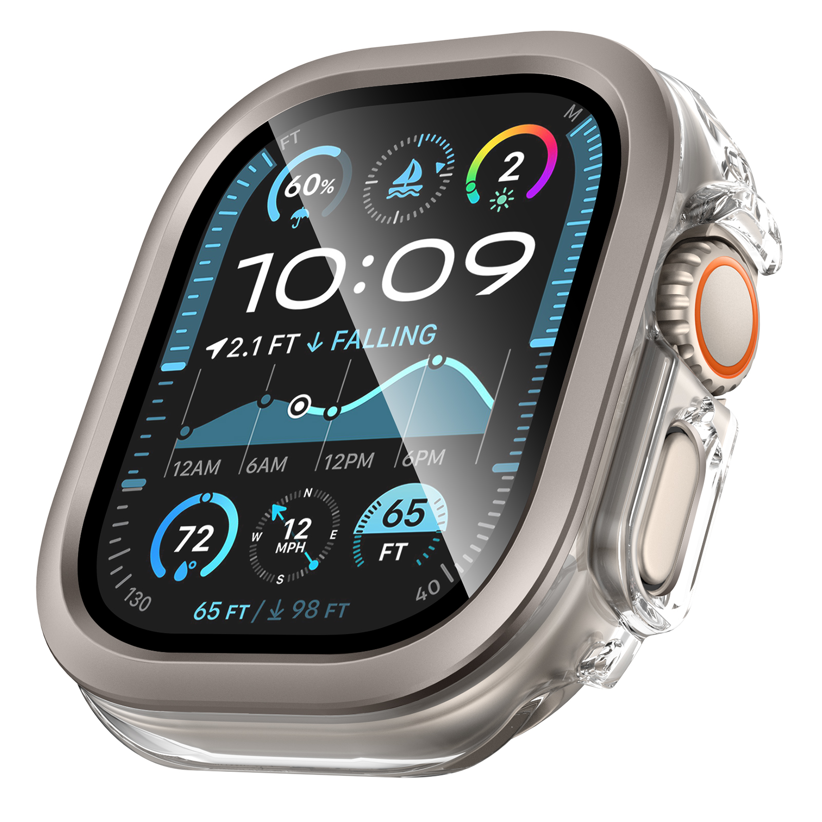 Ốp Case PC Mặt Kính Cường Lực Trong Suốt Viền Màu cho Apple Watch Ultra 1/2 49mm - Hàng Chính Hãng