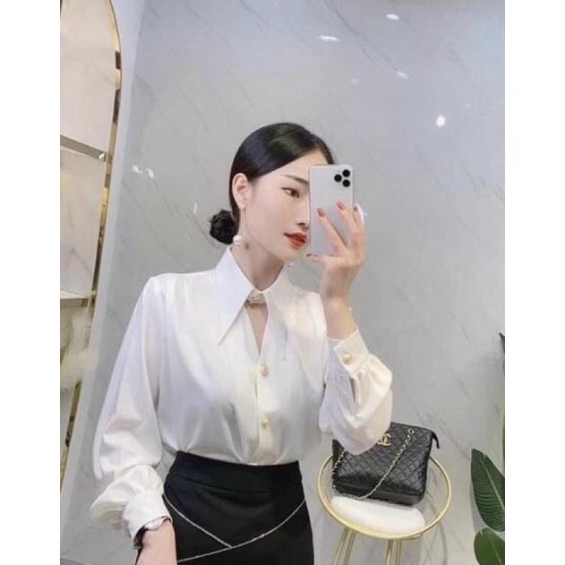 Áo sơ mi cổ khoét màu trắng lụa nhật