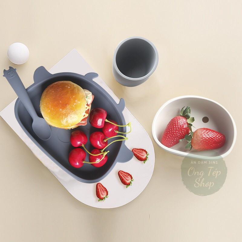 5 chi tiết - Bộ khay ăn dặm silicon đế hít chống lật gồm khay, bát, cốc silicon, thìa ăn dặm silicon hình chú bò
