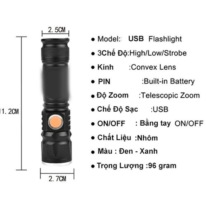 Đèn pin siêu sáng cổng sạc USB 515