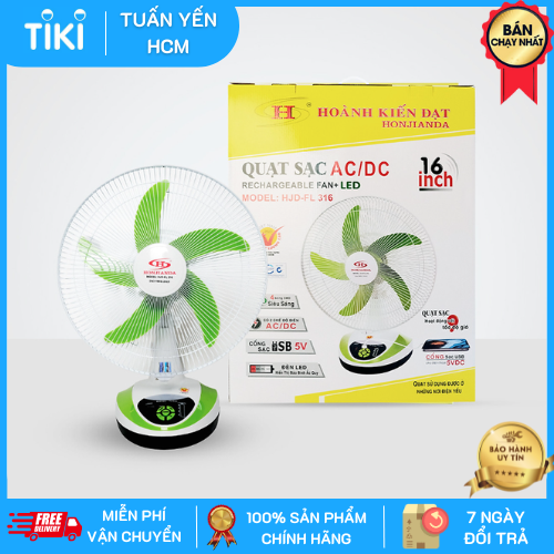 Quạt sạc tích điện Honjianda FL 316 - tích hợp đèn LED &amp; cổng USB - Hàng chính hãng