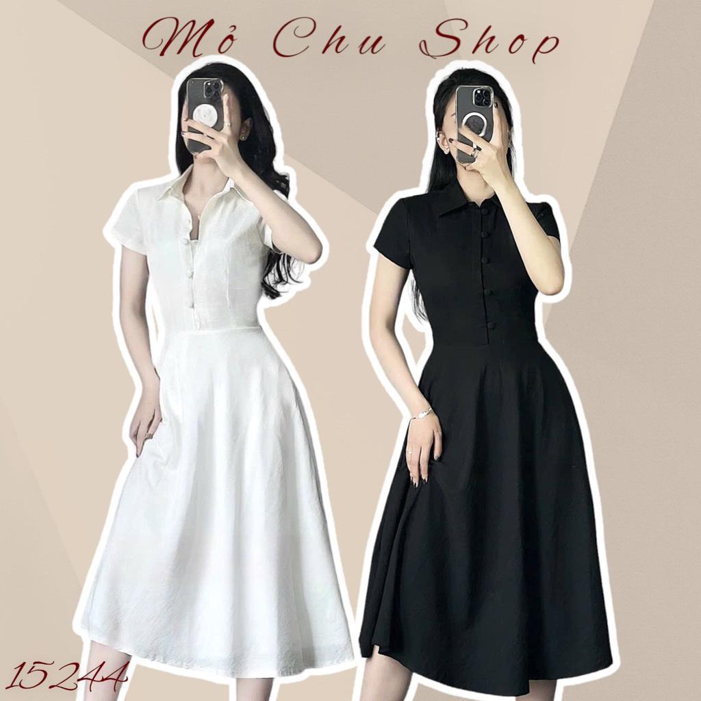 Đầm xoè sơmi nút bọc 2 túi