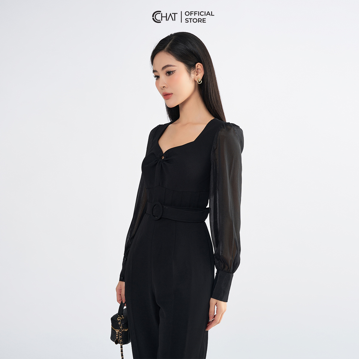 Jumpsuit Nữ  Cổ Nữ Hoàng Phối Tay Chất Tuytsi Cao Cấp Mềm Mịn 22JDS8007BT