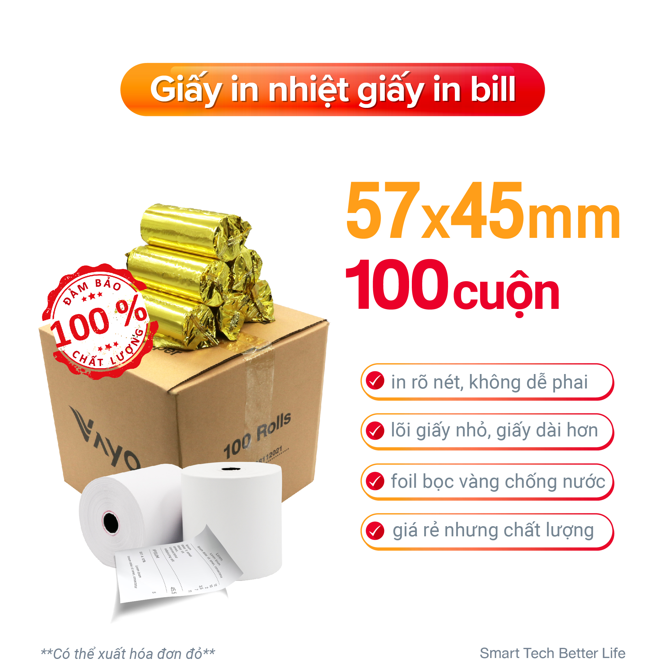 [100 cuộn] Giấy in nhiệt Giấy in bill VAYO Khổ 57 x 45 mm - In rõ nét - Lõi siêu nhỏ - Hàng chính hãng