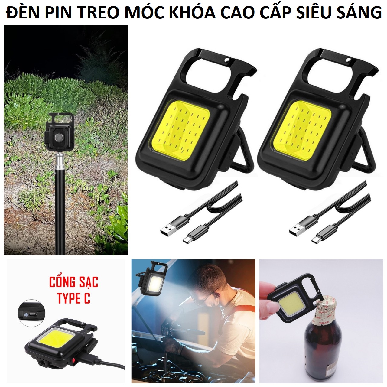 Đèn pin siêu sáng đeo móc khóa đa năng sạc usb tiện dụng bản cao cấp chống nước, đèn led mini COB 800 Lumens