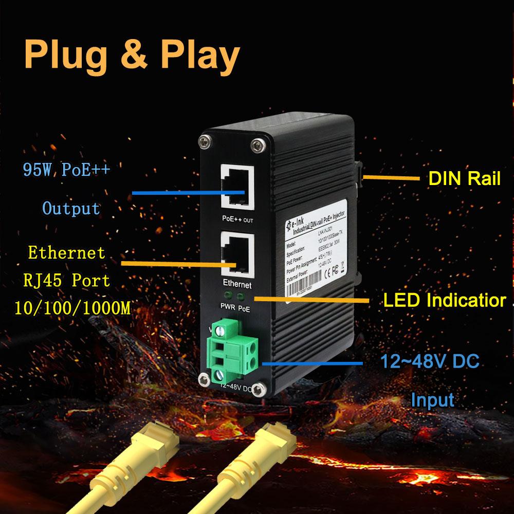 Công Nghiệp 95W Gigabit PoE Injector Din Rail 12~48VDC 2 Cổng Nguồn POE Injector Ethernet Adapter IEEE802.3af/at/bt IP40