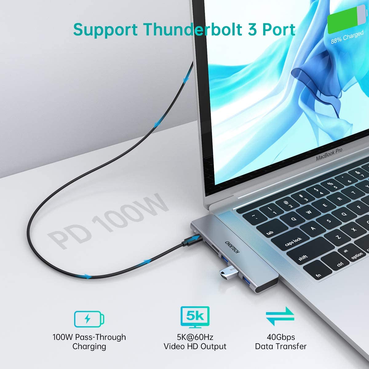 Hub type c chia cổng  Dual Type-C 7 in 1 hỗ trợ sạc nhanh 100W cho Macbook / laptop Type-C hiệu CHOETECH M23 ra 3 cổng USB 3.0, 1 cổng USB 2.0, Cổng đọc thẻ SD &amp; Micro SD, sạc nhanh chuẩn Thunderbolt 3 0 - Hàng chính hãng