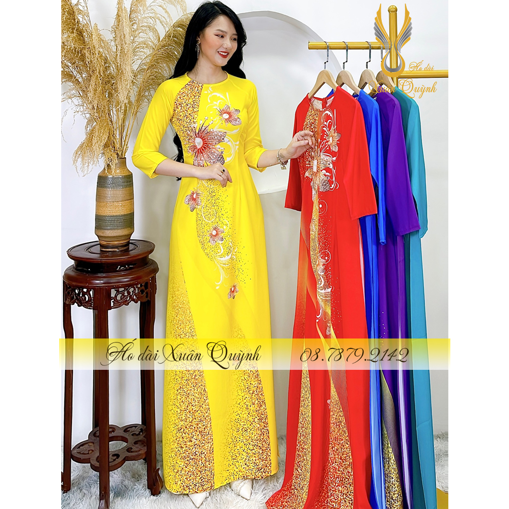 Áo Dài Hoa Kim Cương Phối Dải Chấm Bi, Nổi Bật Lụa Habutai Cao Cấp K97 Vàng Nắng