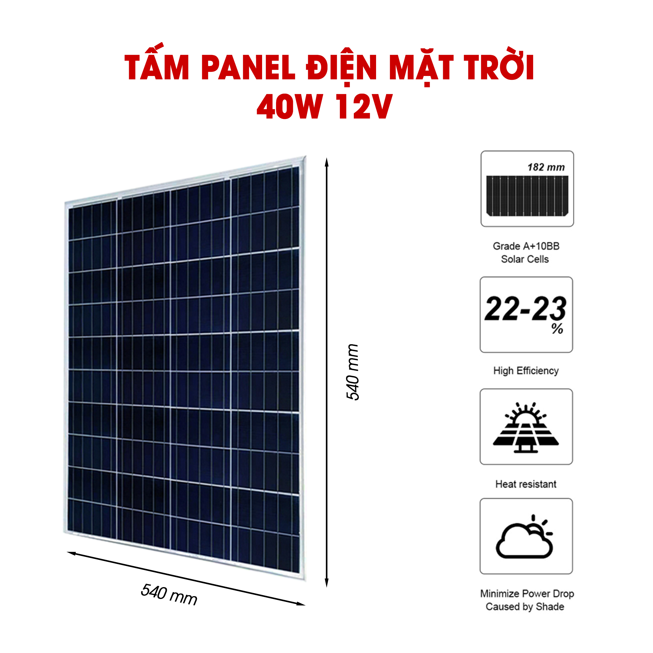 Tấm Pin Năng Lượng Mặt Trời 18V 35W Polysilicon - 540x540x25mm