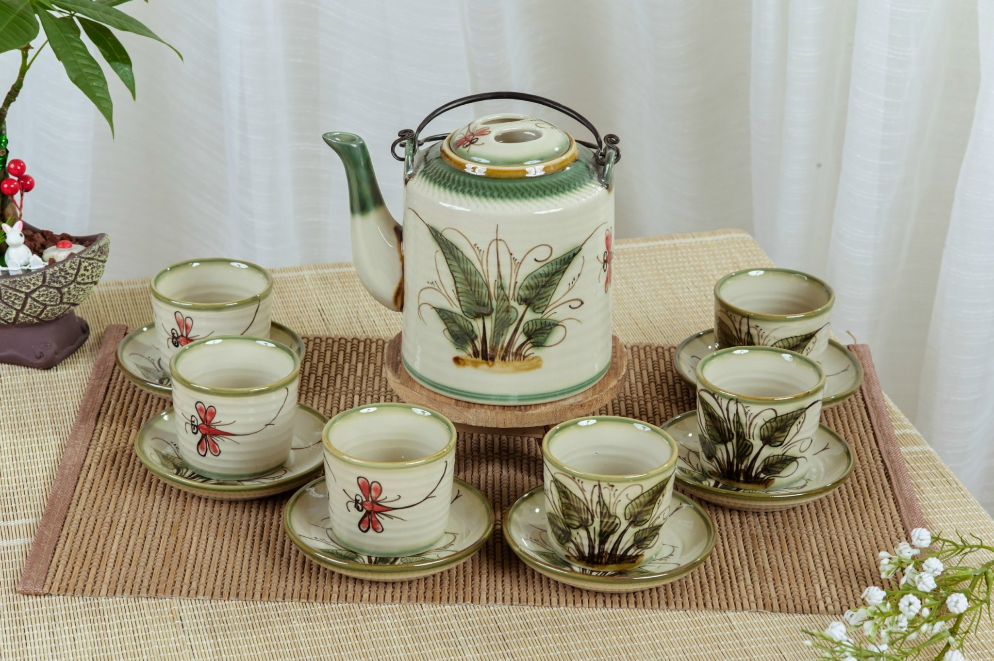 Bộ ấm tích vẽ chuồn khoai gốm sứ Gia Hưng Bát Tràng