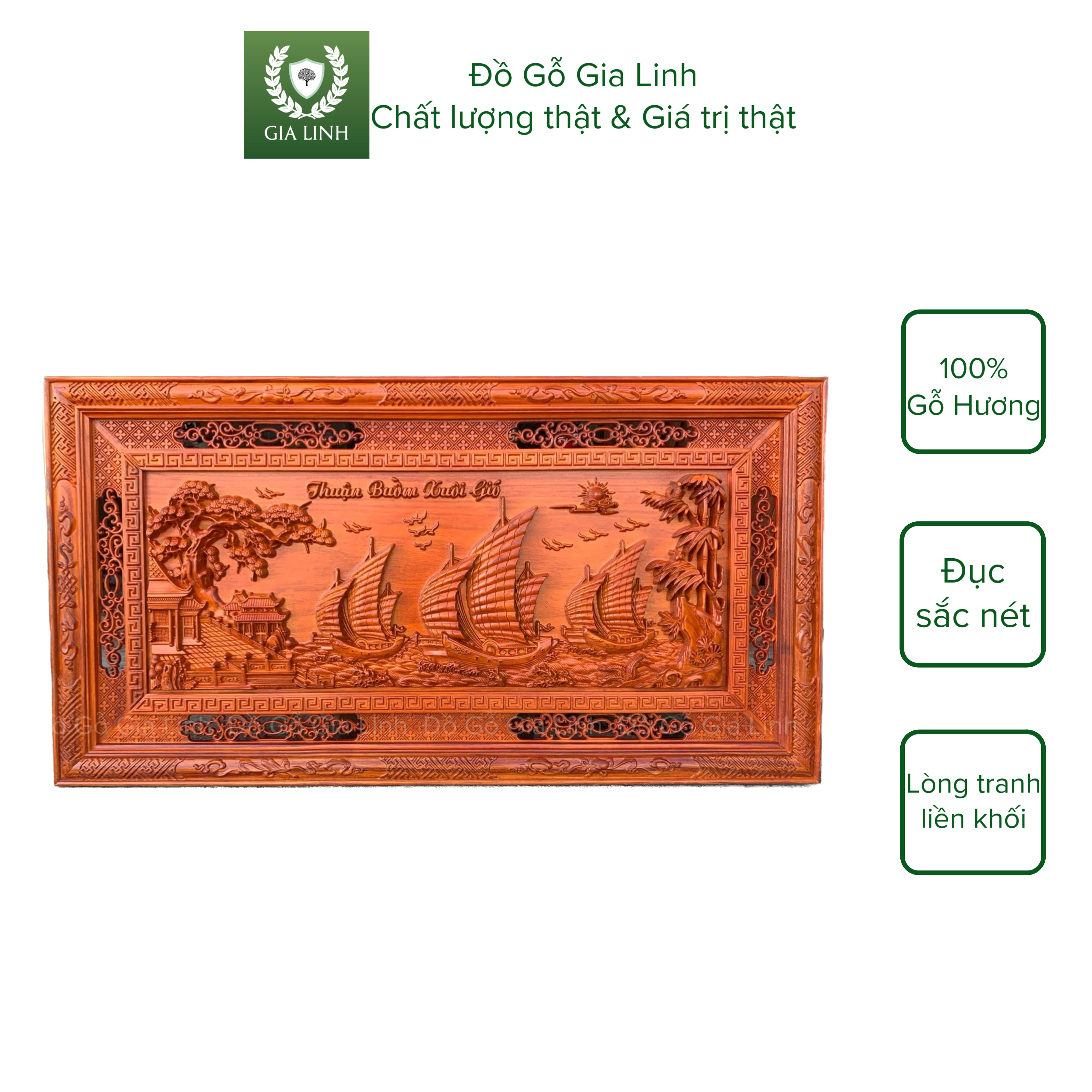 Tranh Thuận buồm xuôi gió Đồ Gỗ Gia Linh chạm khung gỗ Hương đỏ KT 127cm x 67cm x 4cm