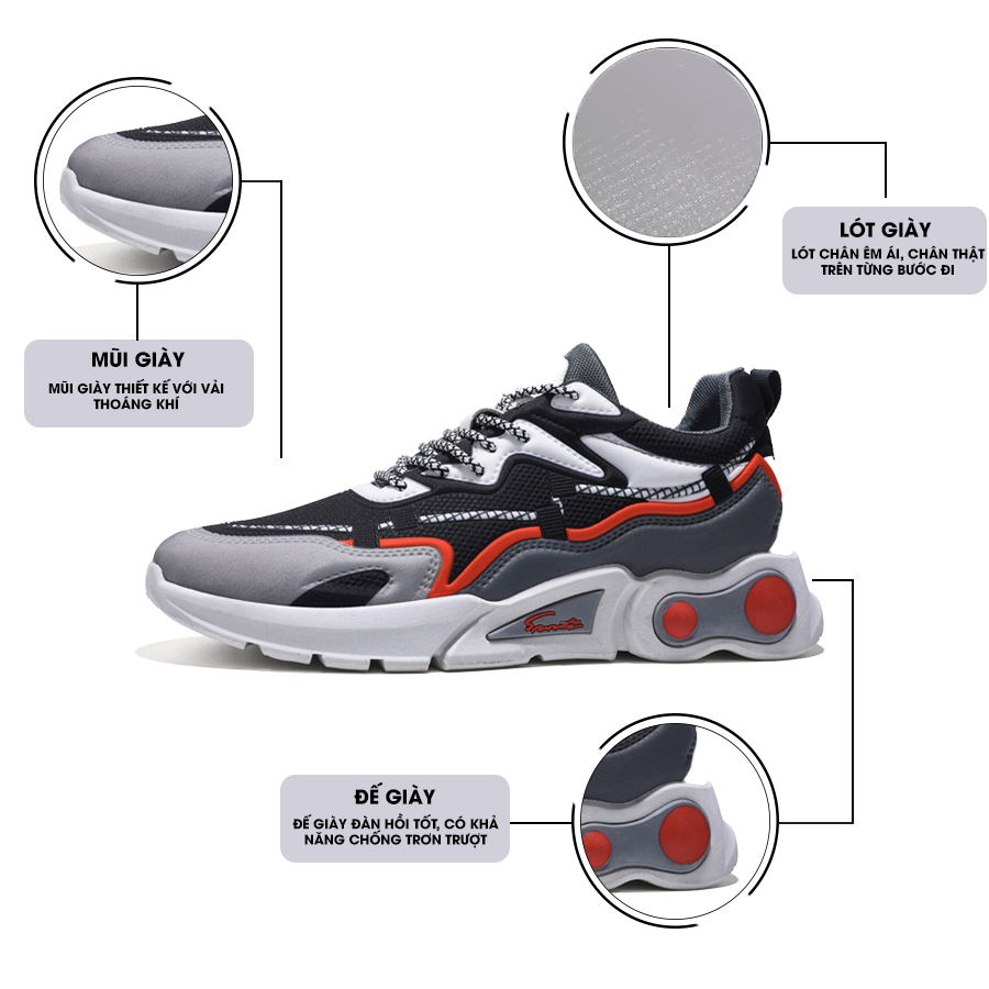 Giày Thể Thao Nam MENDO - Giày Sneaker Màu Đen - Đen Đỏ , Giày Thể Thao Dệt Kim, Nhẹ Nhàng, Êm Ái - G5090