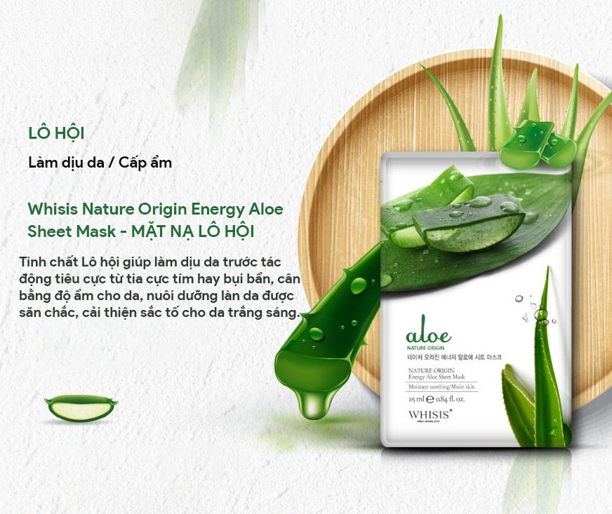 Mặt nạ lô hội Whisis Nature Origin Energy Aloe Sheet Mask cân bằng độ ẩm tối ưu cho da