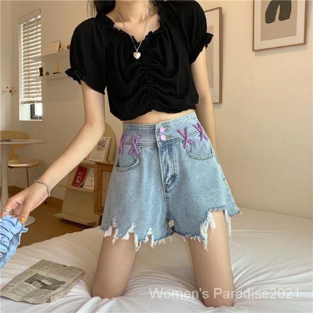 Quần short denim lưng cao ống rộng màu sắc độc đáo thời trang mùa hè cho nữ