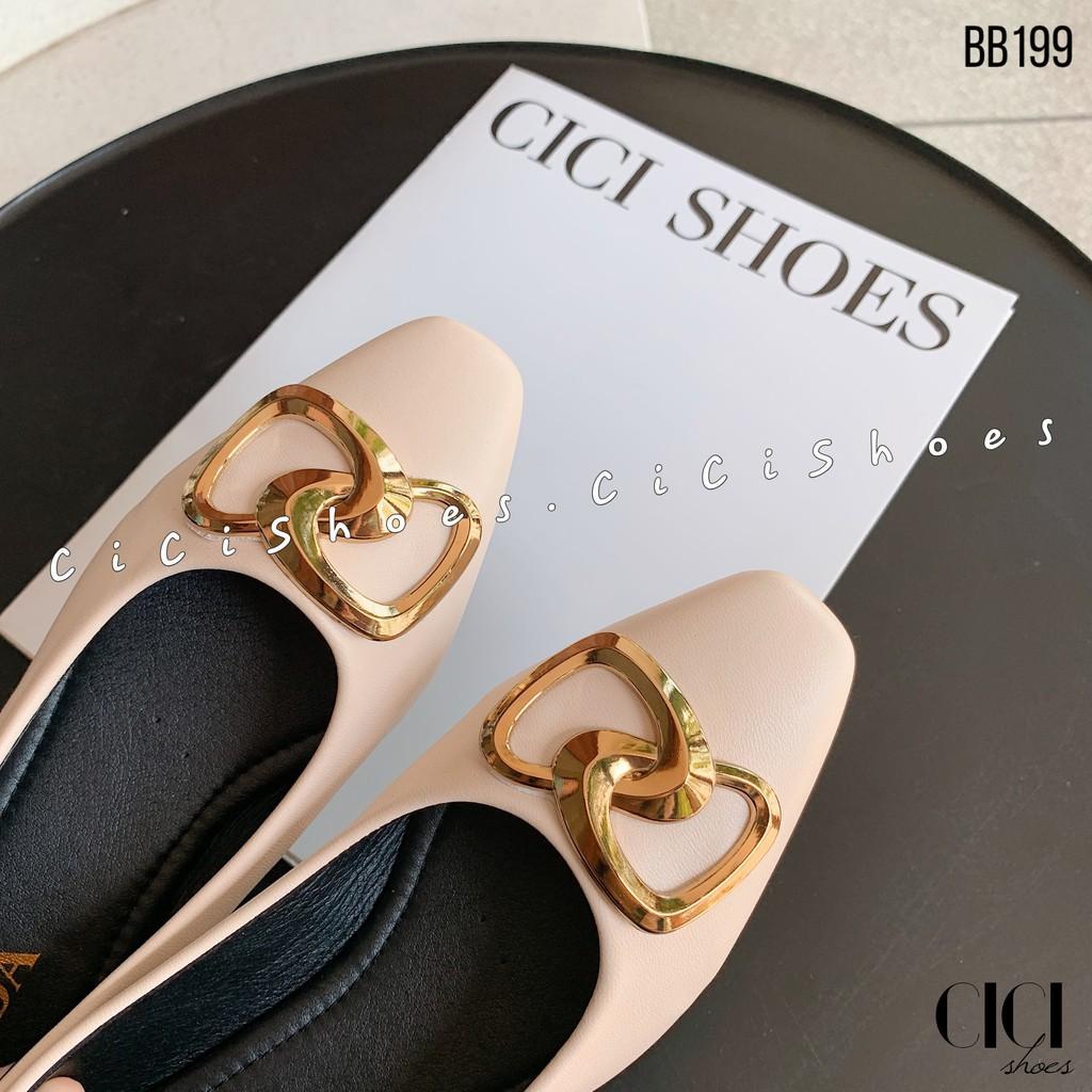 Giày búp bê nữ CiCi Shoes, giầy da lì mũi vuông khoá kim loại vàng xoắn - BB199