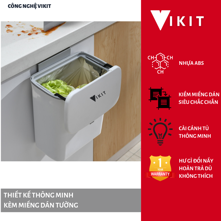 Thùng đựng rác thông minh- Thùng rác gài gắn cánh tủ bếp có nắp đậy Vikit R02