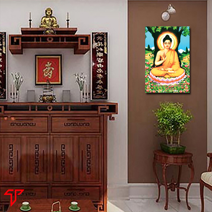 Hình phật giáo cán gỗ MDF cao cấp trang trí tường nhiều mẫu phật trên tọa sen, Tranh Phật Giáo Phật Thích Ca Mâu Ni 2043