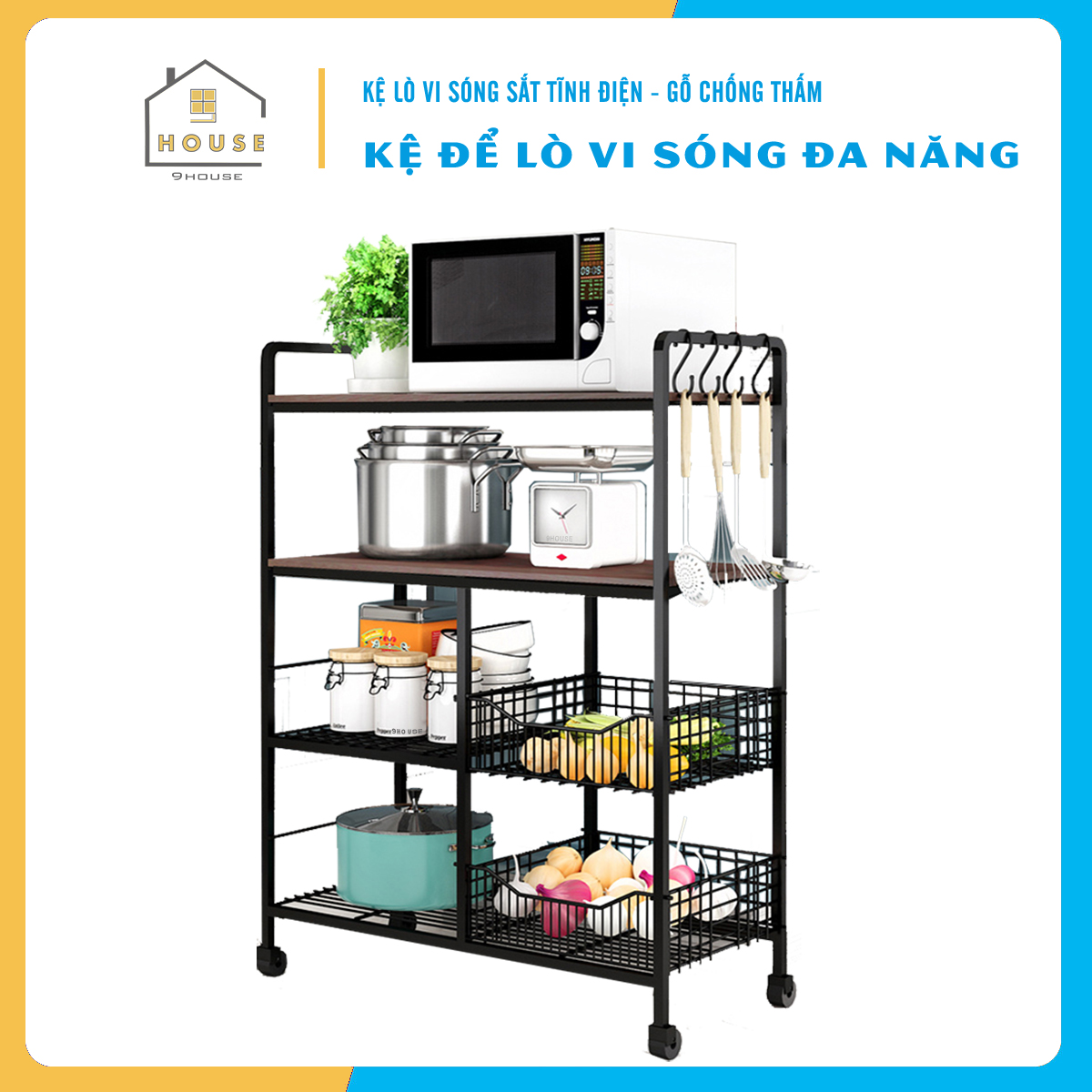 Kệ lò vi sóng đa năng 179-2 thương hiệu 9House kệ bếp để lò nướng nồi cơm điện kèm giá rổ để rau củ gia vị loại khung sắt dày sơn tĩnh điện chống rỉ mặt gỗ MDF lõi xanh chống ẩm bề mặt phủ melamine chống thấm cao cấp - Hàng chính hãng