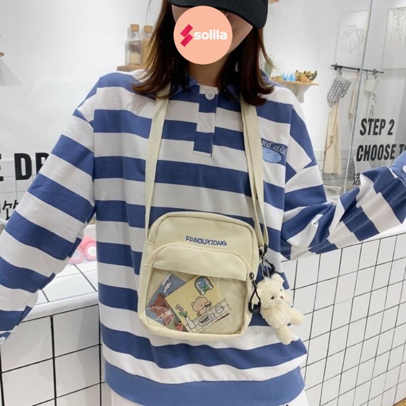 Túi tote đeo chéo mini vải canvas Fanbuxiong bóng kính trong suốt nhiều ngăn thời trang nam nữ unisex