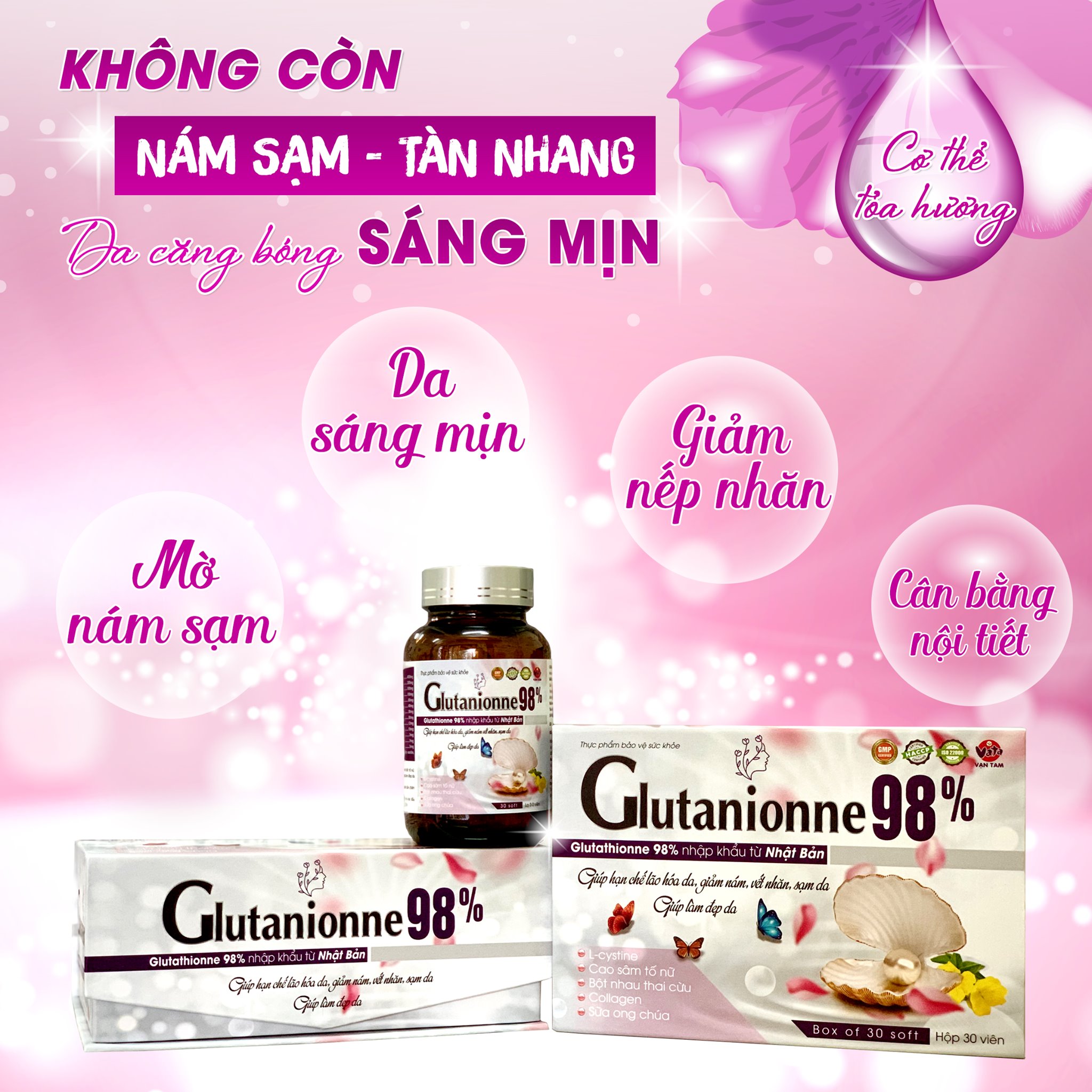 Viên uống làm đẹp Glutanionne 98% hỗ trợ làm trắng cải thiện sạm nám ngăn ngừa lão da hóa hiệu quả