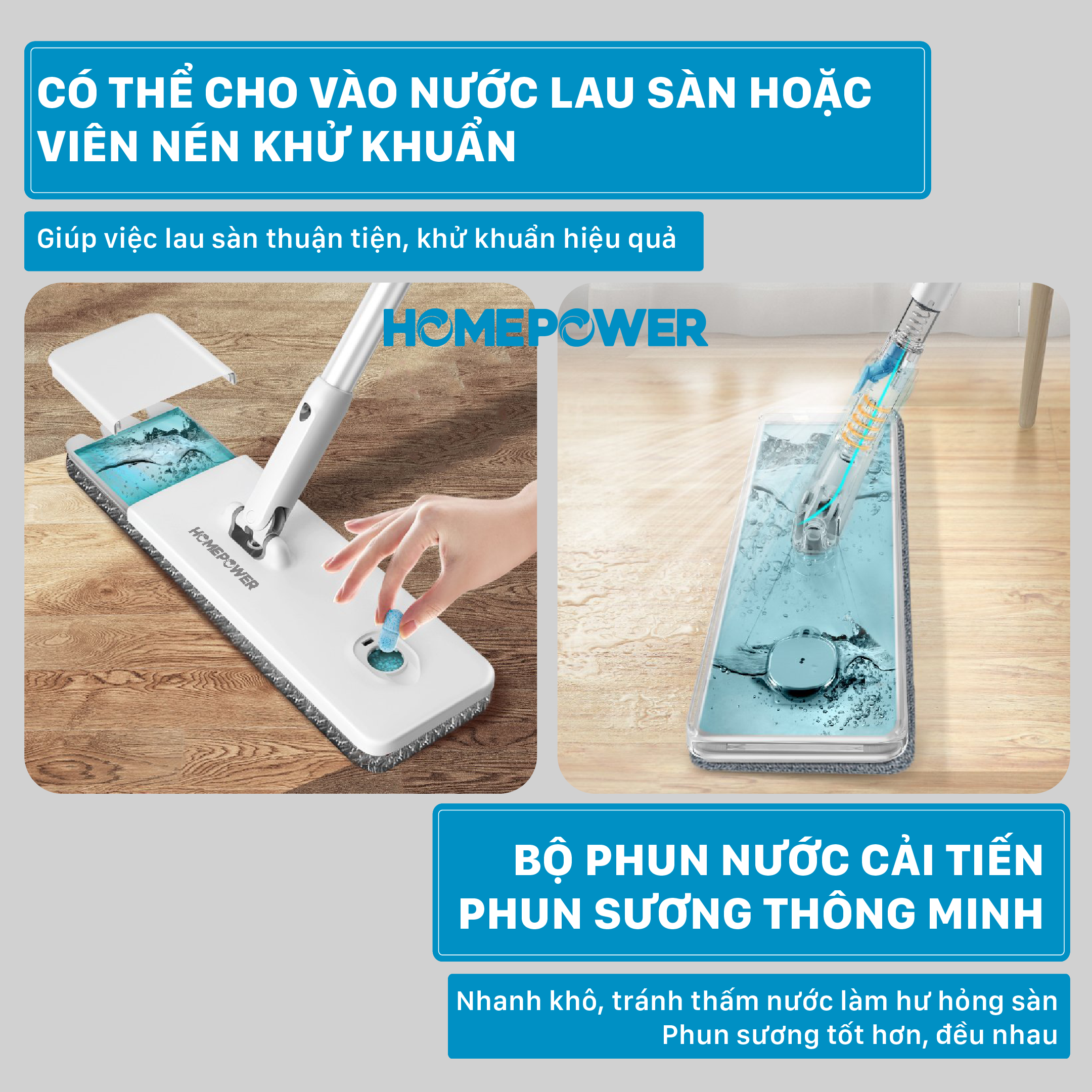 Cây lau nhà Phun nước + Tự vắt 2 trong 1 HOMEPOWER CS-02, Chất liệu nhôm cao cấp, thiết kế sang trọng hiện đại