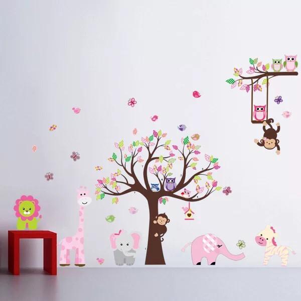 Decal trang trí tường Cây và Thú hồng cho Bé