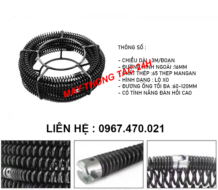 dây thông cống lò xo 16mm - dùng tay quay dài 15m tặng kèm 6 đầu thông, 1tay quay