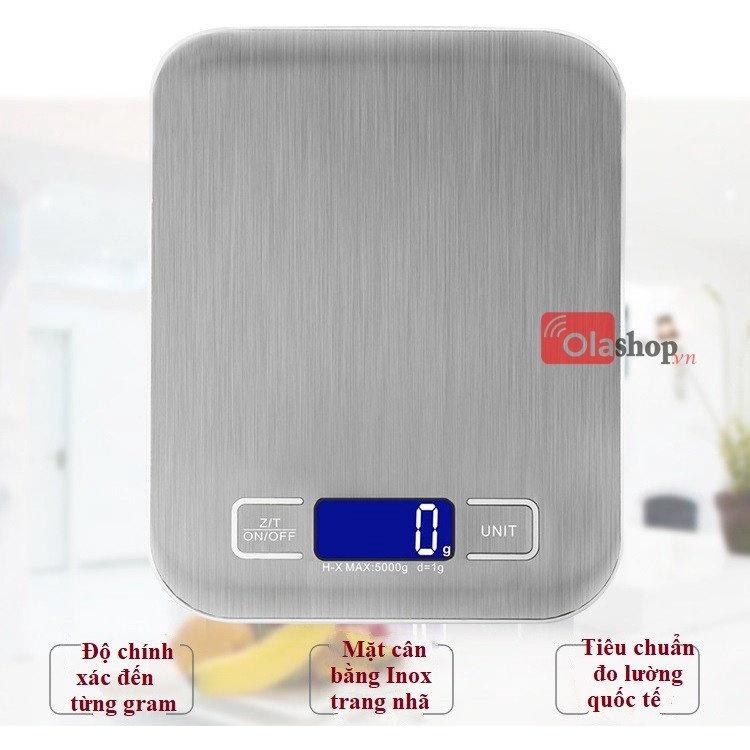 Cân điện tử nhà bếp (5kg - 1g) cân thực phẩm mặt inox màn hình LCD (Vỏ Hộp Xanh)