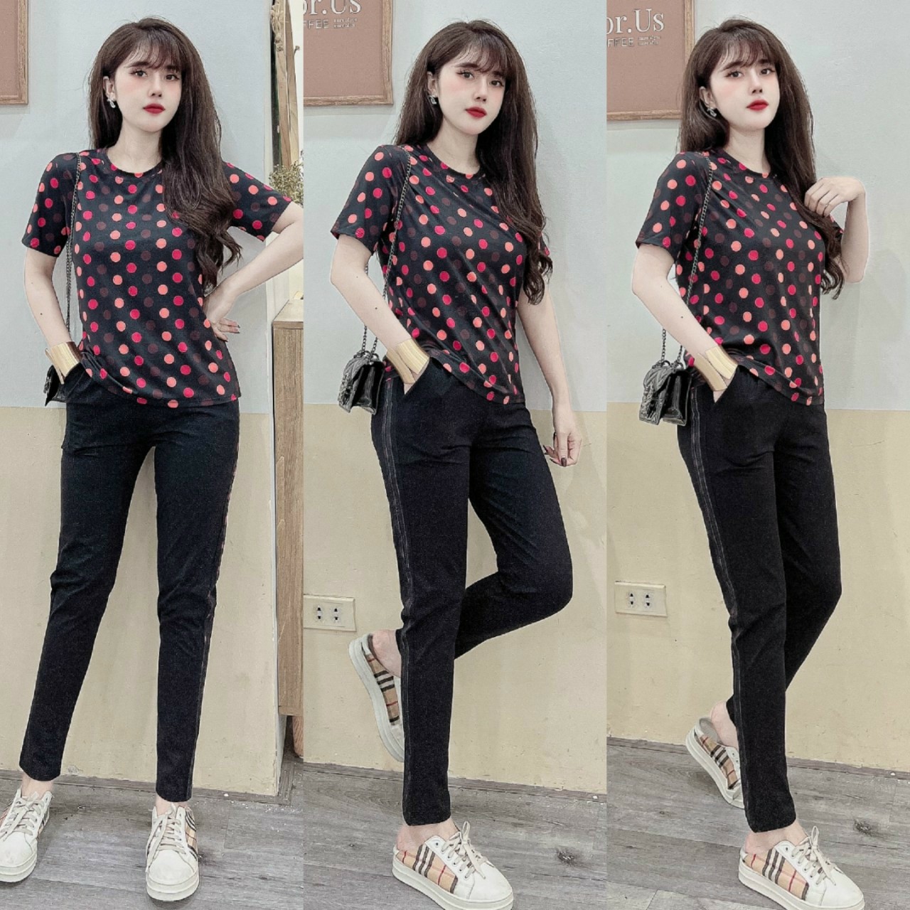 Đồ bộ dài thun cotton dáng thể thao chấm bi màu (2 màu: đen, kem