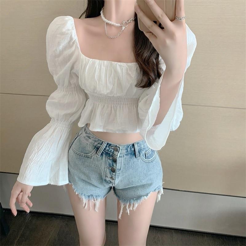 Áo croptop đũi nhăn dáng cổ vuông tay loe 2021